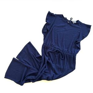 Anthropologie Navy Blue Textured Ribbed Knit Ruffle Sleeve Jumpsuit